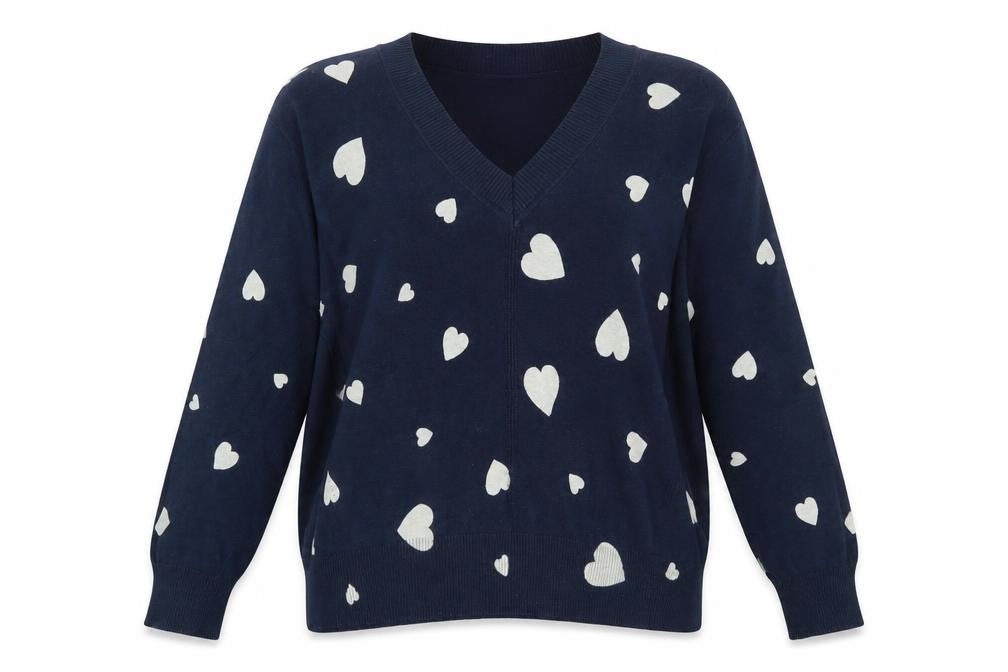 Marks and Spencer Women's Blue Heart V-Neck Cotton Jumper M