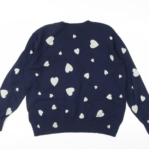 Marks and Spencer Women's Blue Heart V-Neck Cotton Jumper M