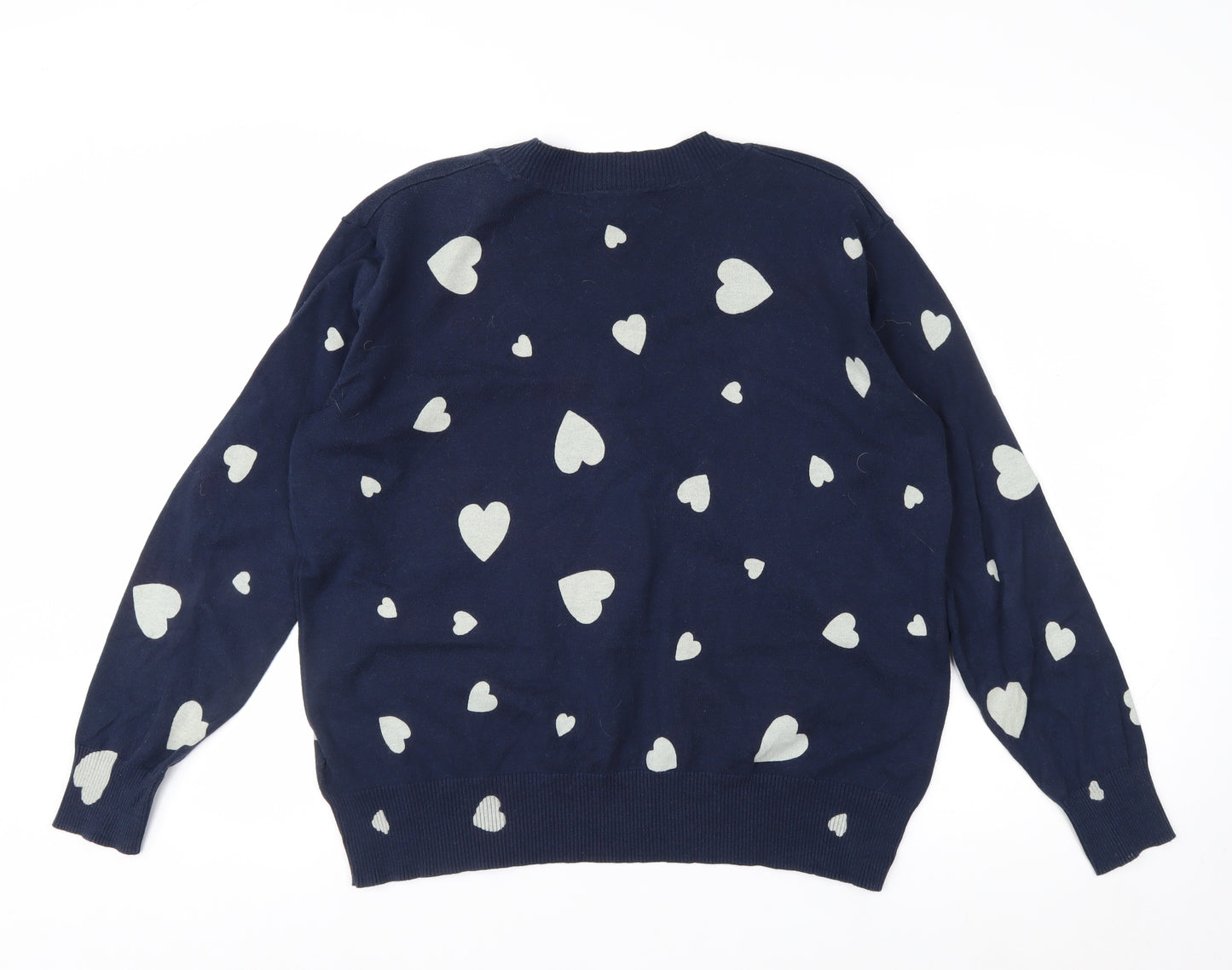 Marks and Spencer Women's Blue Heart V-Neck Cotton Jumper M