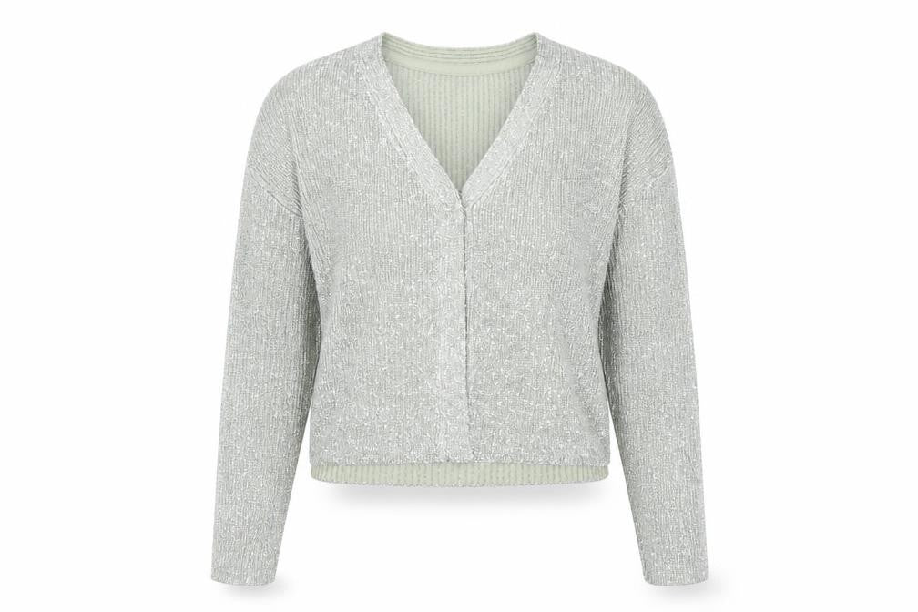 Front view of River Island women’s silver l cardigan sequin knit long sleeve