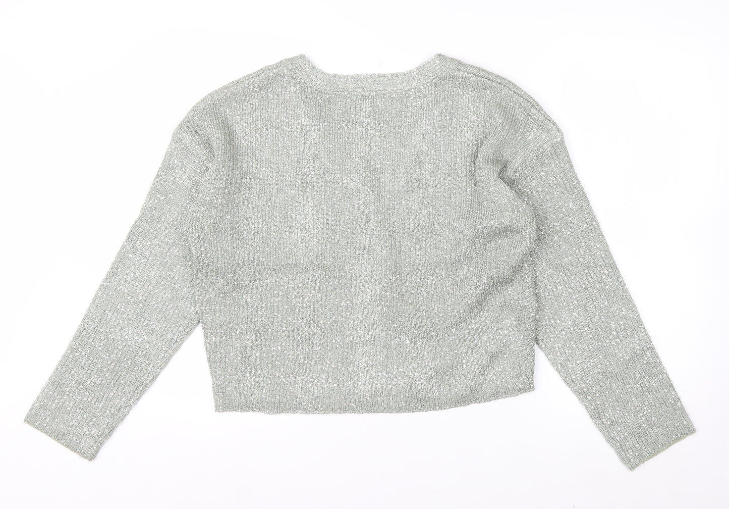 River Island Womens Silver L Cardigan Sequin Knit Long Sleeve