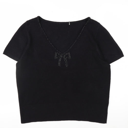 Marks and Spencer Women's Black V-Neck Short Sleeve Acrylic Bow Jumper Size 18