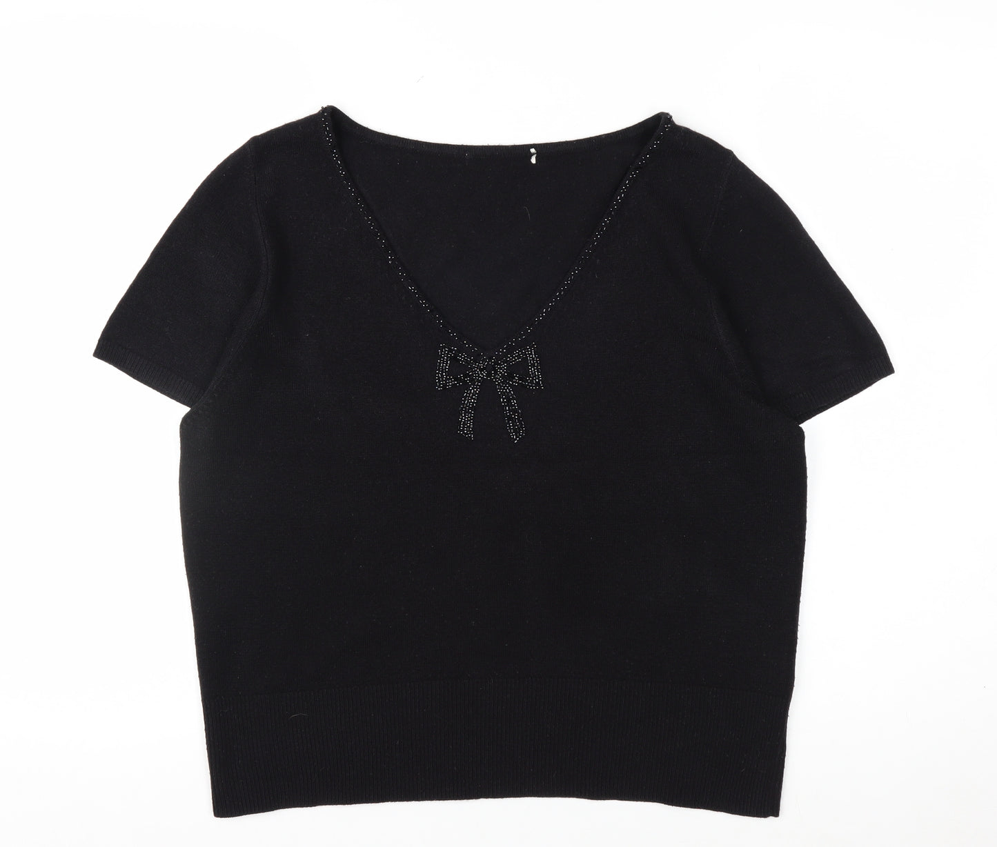 Marks and Spencer Women's Black V-Neck Short Sleeve Acrylic Bow Jumper Size 18