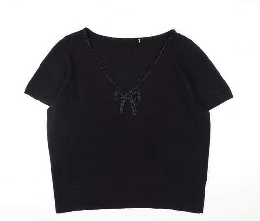 Marks and Spencer Women's Black V-Neck Short Sleeve Acrylic Bow Jumper Size 18