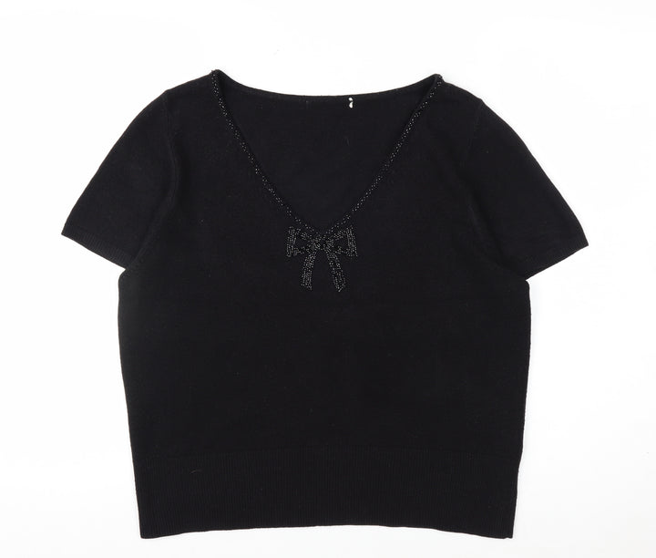 Marks and Spencer Women's Black V-Neck Short Sleeve Acrylic Bow Jumper Size 18