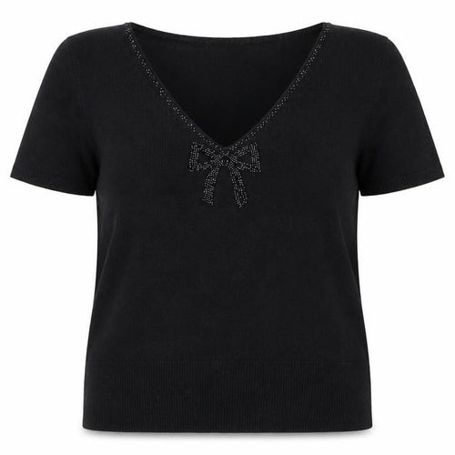 Marks and Spencer Women's Black V-Neck Short Sleeve Acrylic Bow Jumper Size 18