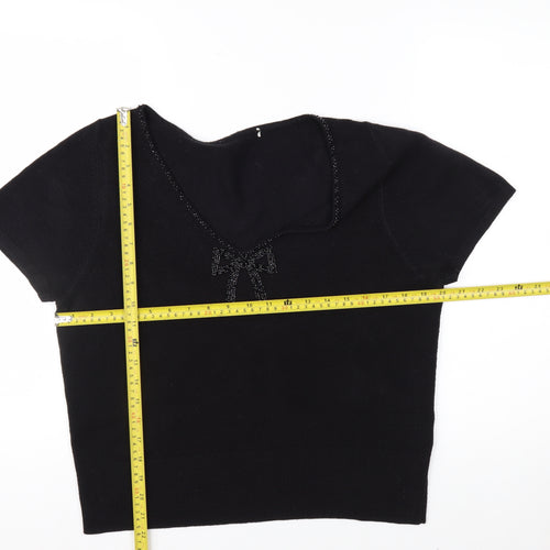 Marks and Spencer Women's Black V-Neck Short Sleeve Acrylic Bow Jumper Size 18