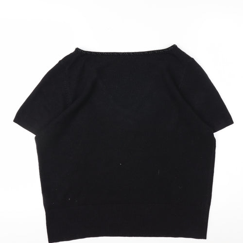 Marks and Spencer Women's Black V-Neck Short Sleeve Acrylic Bow Jumper Size 18