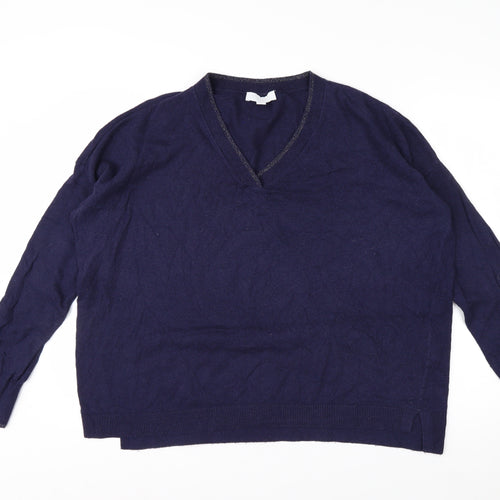 The White Company Women Navy Blue V-Neck Cotton Blend Jumper Size 16