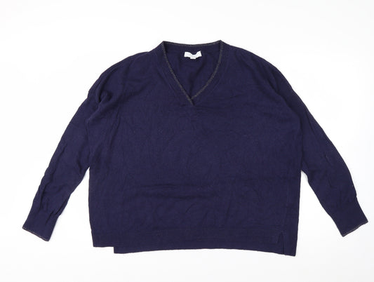 The White Company Women Navy Blue V-Neck Cotton Blend Jumper Size 16