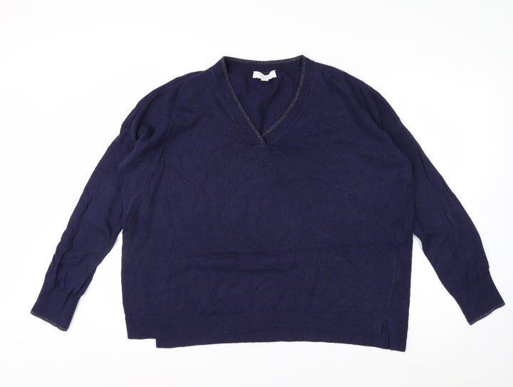 The White Company Women Navy Blue V-Neck Cotton Blend Jumper Size 16
