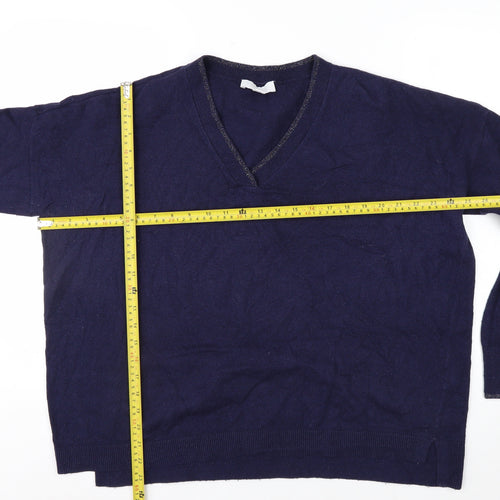 The White Company Women Navy Blue V-Neck Cotton Blend Jumper Size 16