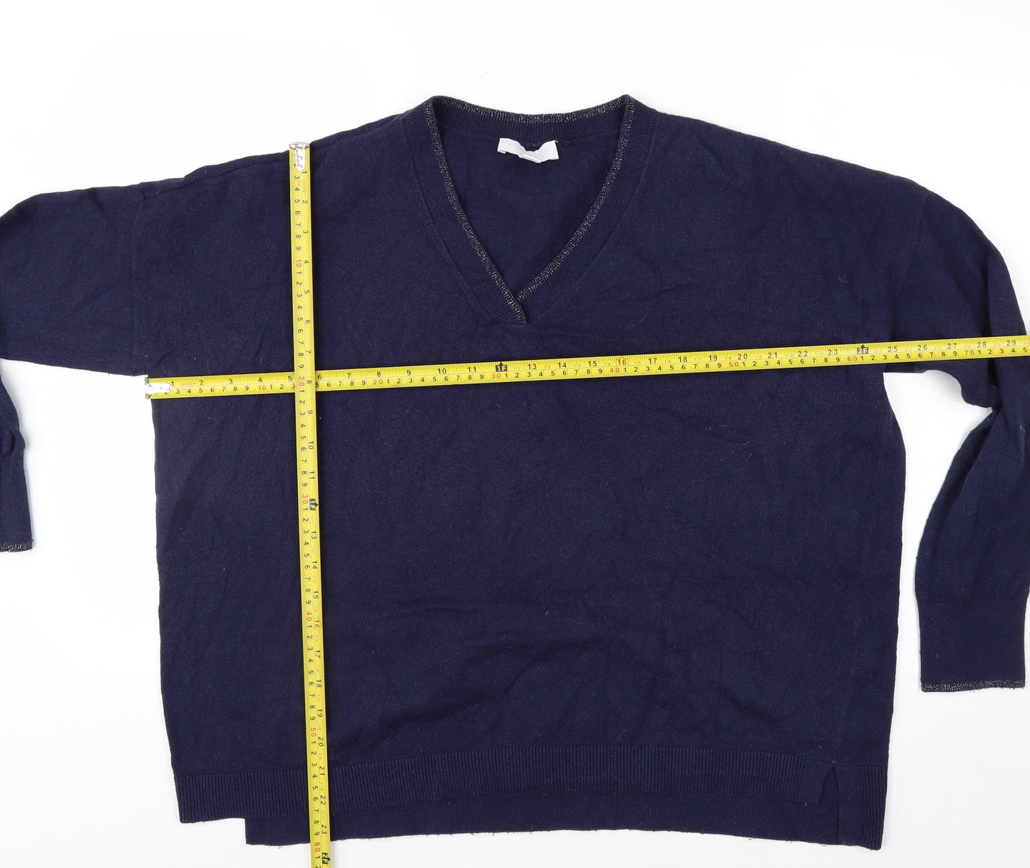 The White Company Women Navy Blue V-Neck Cotton Blend Jumper Size 16