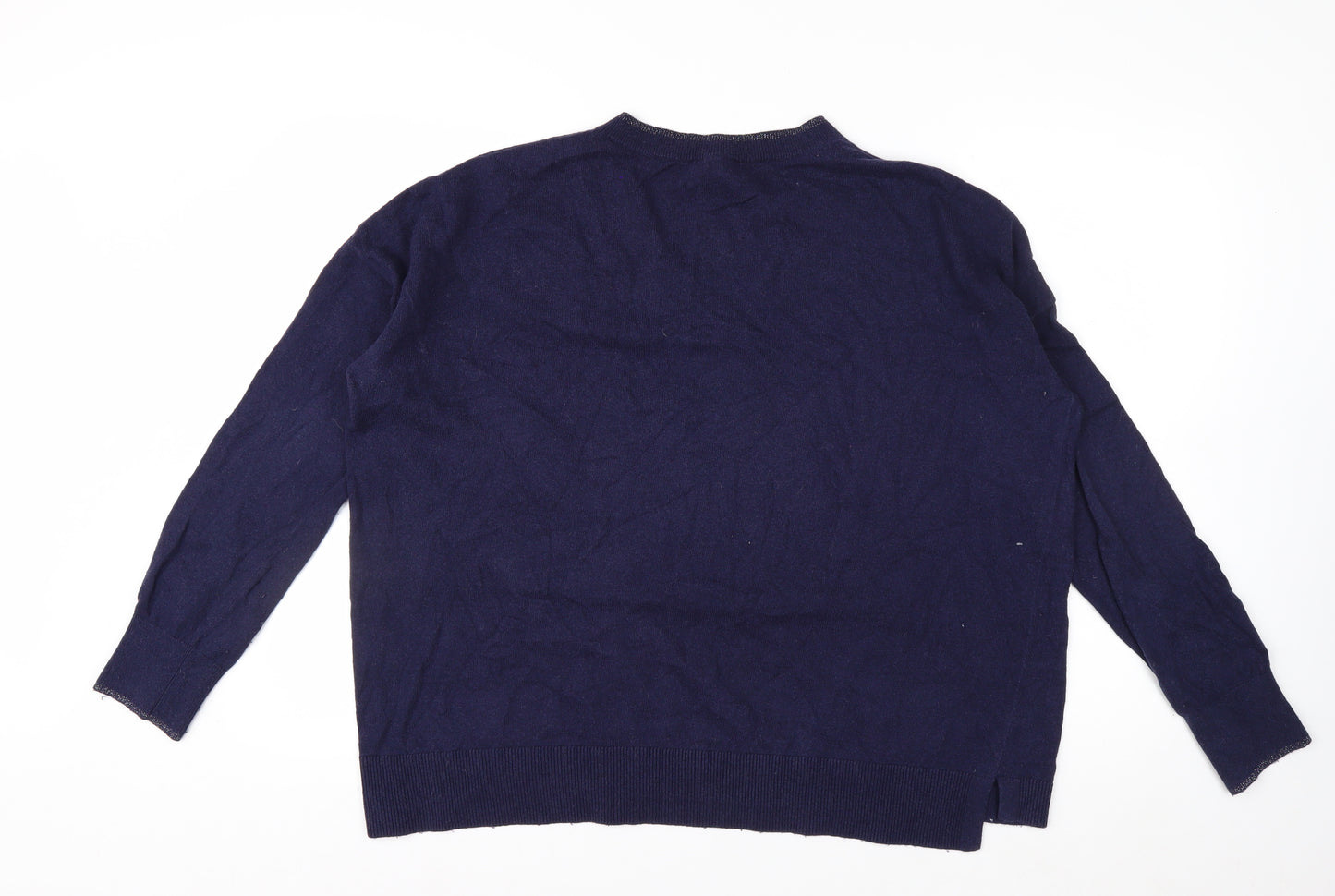 The White Company Women Navy Blue V-Neck Cotton Blend Jumper Size 16