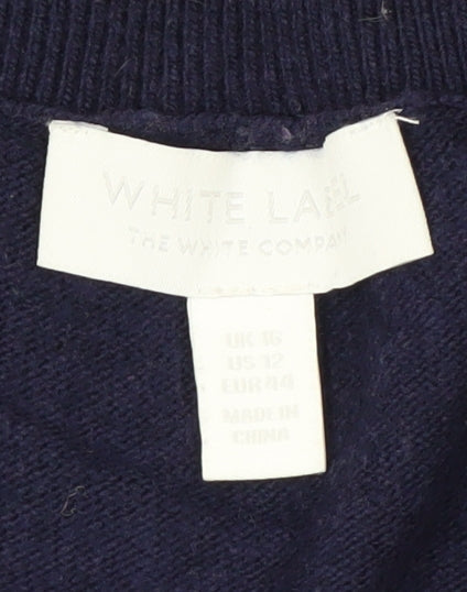 The White Company Women Navy Blue V-Neck Cotton Blend Jumper Size 16