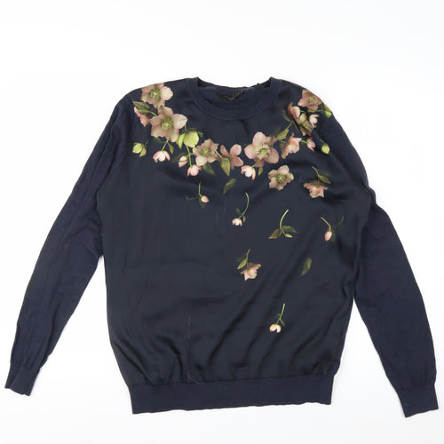 Ted Baker Women’s Blue Floral Crew Neck Long Sleeve Jersey Blouse Size 10