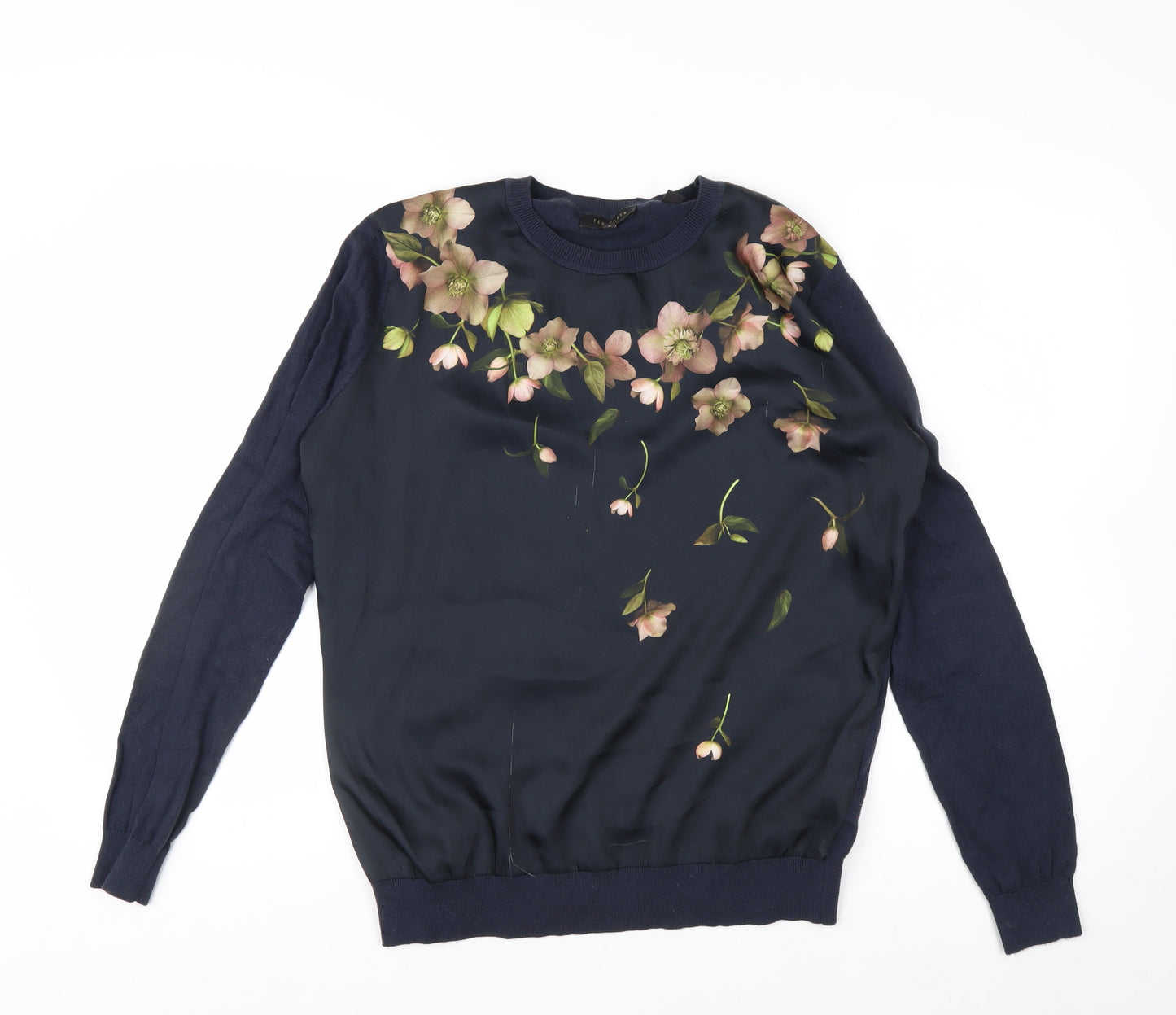 Ted Baker Women’s Blue Floral Crew Neck Long Sleeve Jersey Blouse Size 10