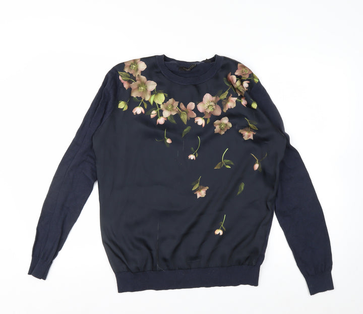 Ted Baker Women’s Blue Floral Crew Neck Long Sleeve Jersey Blouse Size 10