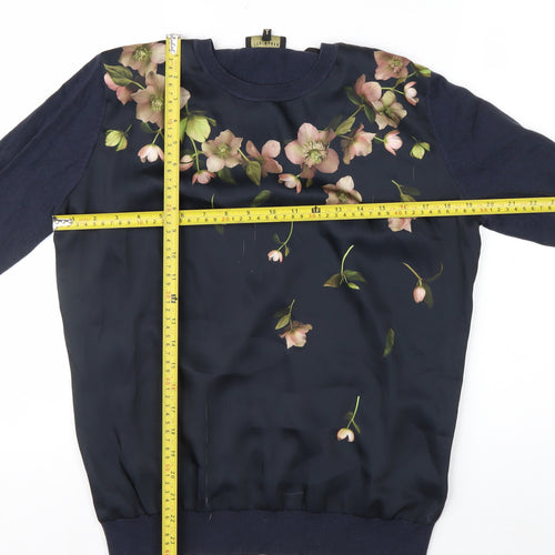 Ted Baker Women’s Blue Floral Crew Neck Long Sleeve Jersey Blouse Size 10