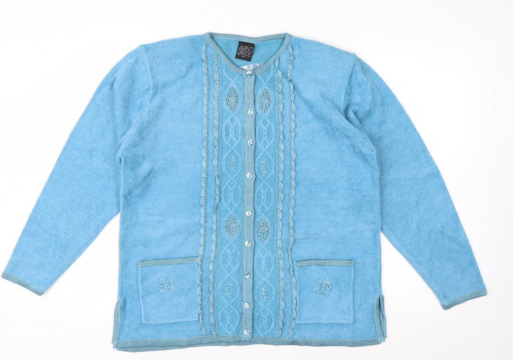 Avant Garde Women Blue M/L Cardigan Embroidered Knit Long Sleeve