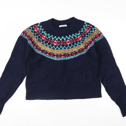 Pull & Bear Women's Blue Fair Isle Crew Neck Jumper Size 8