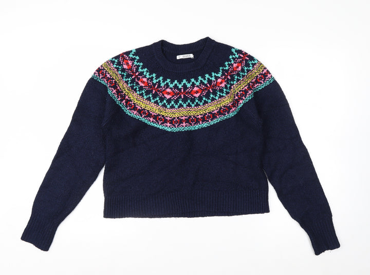 Pull & Bear Women's Blue Fair Isle Crew Neck Jumper Size 8