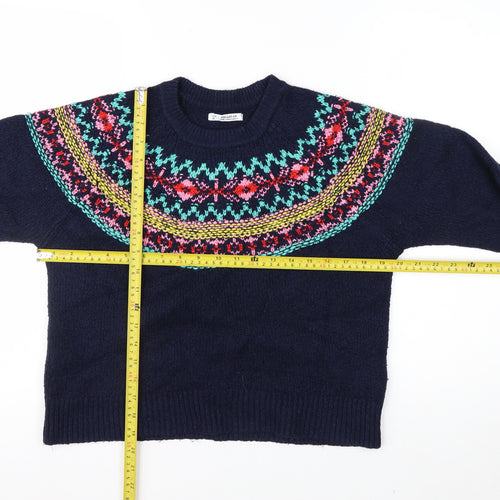 Pull & Bear Women's Blue Fair Isle Crew Neck Jumper Size 8