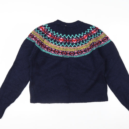 Pull & Bear Women's Blue Fair Isle Crew Neck Jumper Size 8