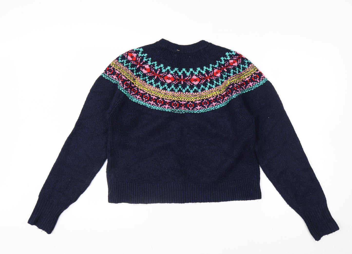 Pull & Bear Women's Blue Fair Isle Crew Neck Jumper Size 8