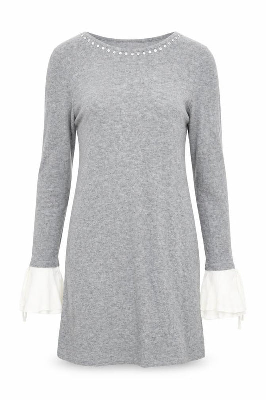 Front view of Springfield women’s grey beaded bell sleeve tunic jumper, size UK 8