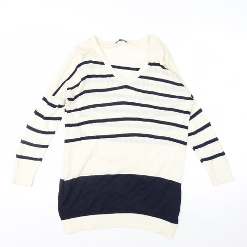 Warehouse Women’s Ivory Navy Striped V-Neck Knit Jumper Size 10