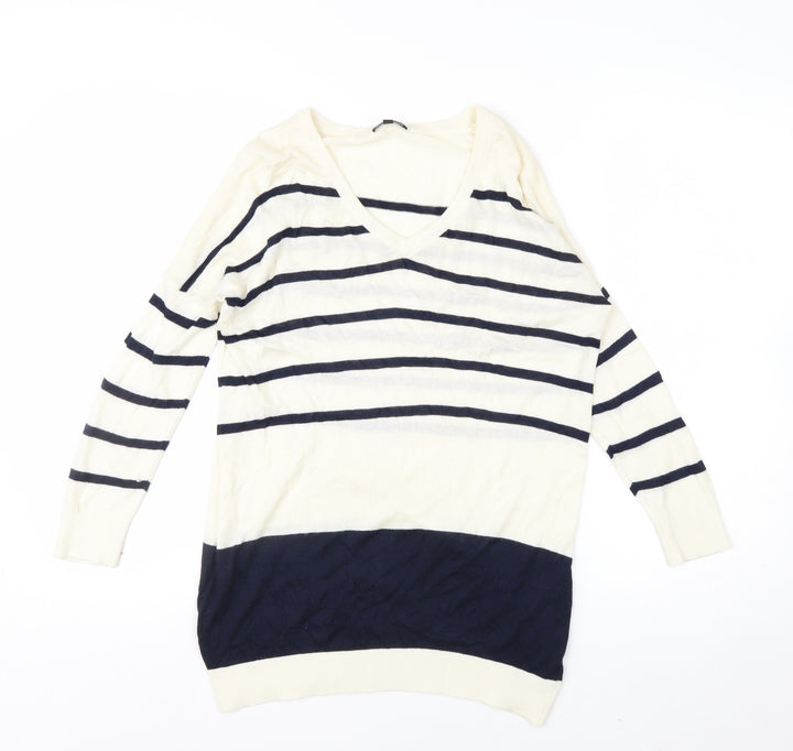 Warehouse Women’s Ivory Navy Striped V-Neck Knit Jumper Size 10