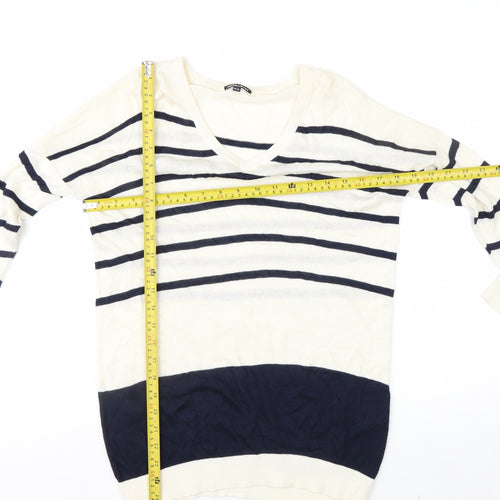 Warehouse Women’s Ivory Navy Striped V-Neck Knit Jumper Size 10