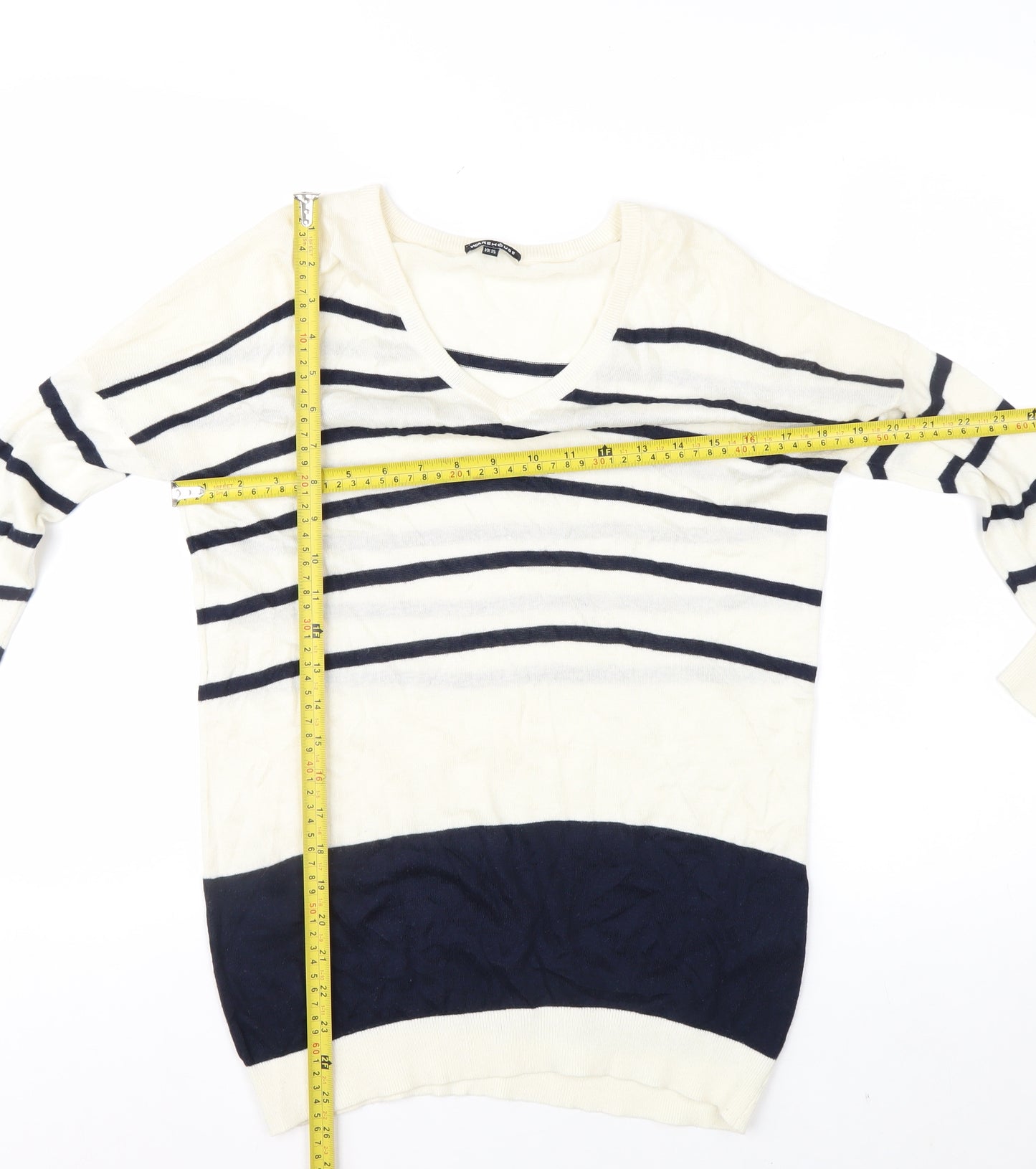 Warehouse Women’s Ivory Navy Striped V-Neck Knit Jumper Size 10