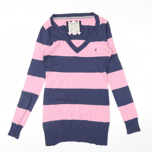 Jack Wills Womens Pink & Navy Stripe V-Neck Cashmere Blend Jumper Size 12