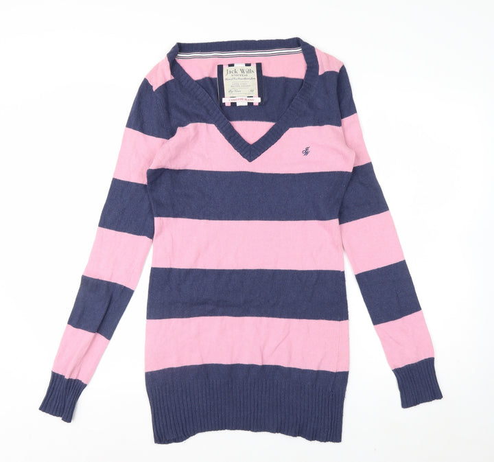 Jack Wills Womens Pink & Navy Stripe V-Neck Cashmere Blend Jumper Size 12