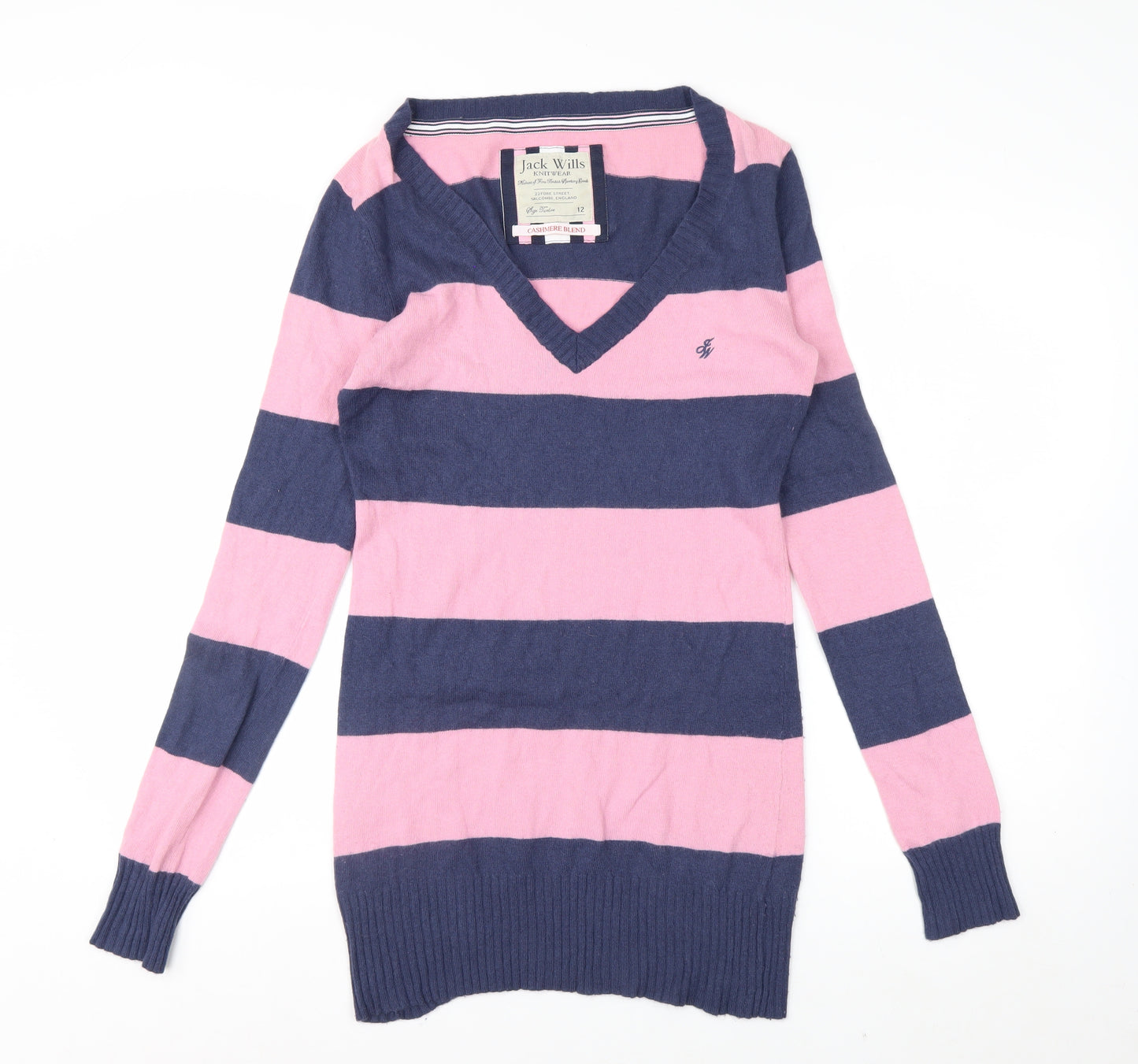 Jack Wills Womens Pink & Navy Stripe V-Neck Cashmere Blend Jumper Size 12