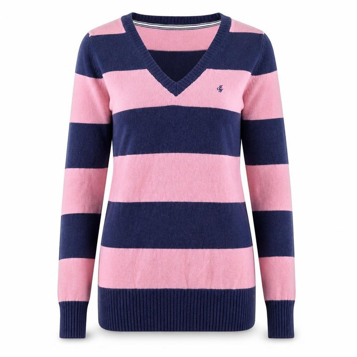 Jack Wills Womens Pink & Navy Stripe V-Neck Cashmere Blend Jumper Size 12