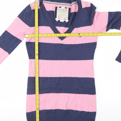 Jack Wills Womens Pink & Navy Stripe V-Neck Cashmere Blend Jumper Size 12