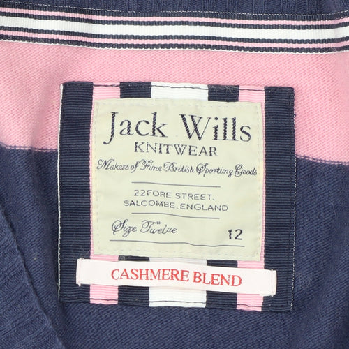 Jack Wills Womens Pink & Navy Stripe V-Neck Cashmere Blend Jumper Size 12
