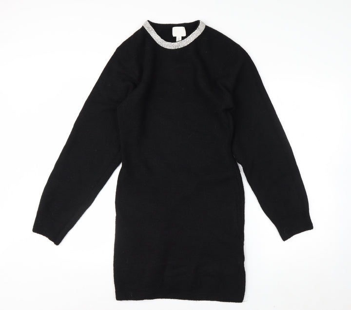 H&M Women's Black Rhinestone Crew Neck Long Sleeve Jumper Size 10