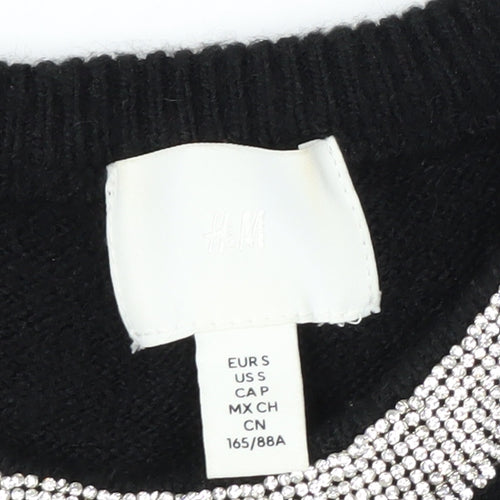 H&M Women's Black Rhinestone Crew Neck Long Sleeve Jumper Size 10
