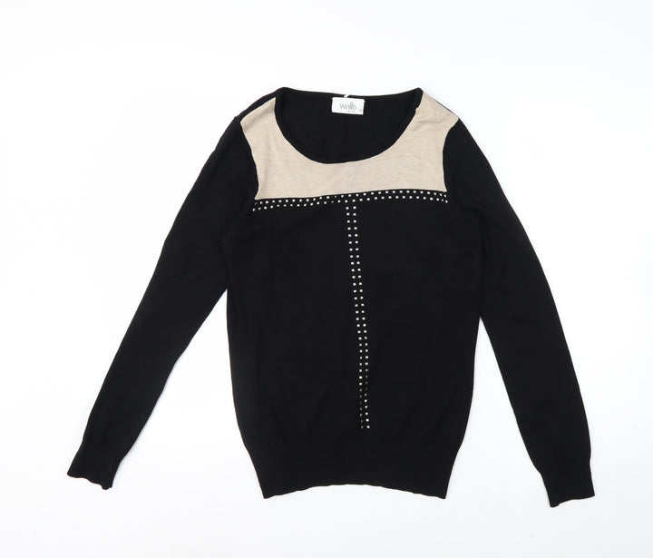 Wallis Petite Black Colourblock Studded Long Sleeve Blouse Size 10
