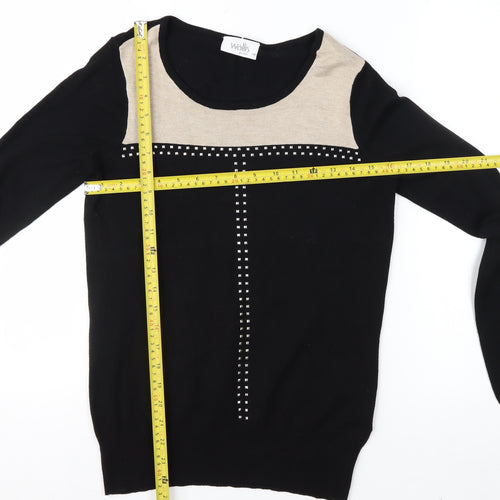 Wallis Petite Black Colourblock Studded Long Sleeve Blouse Size 10