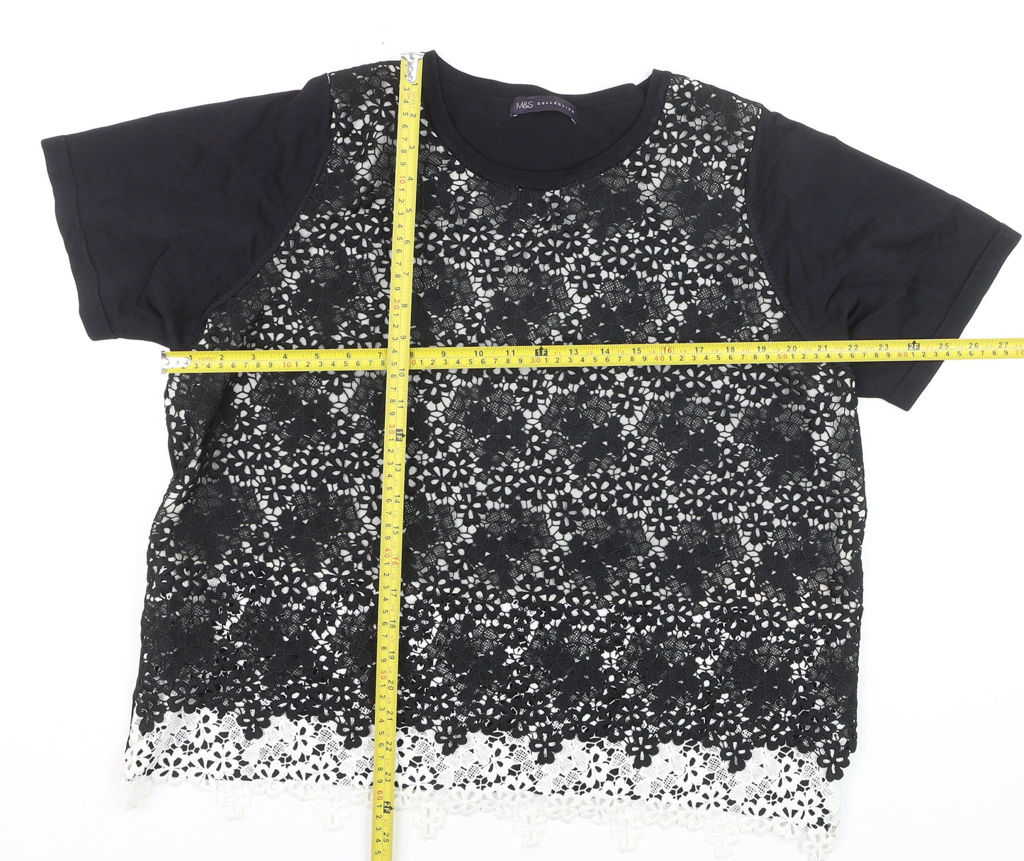 Marks and Spencer Women's Black Floral Lace Overlay Short Sleeve T-Shirt Size 20