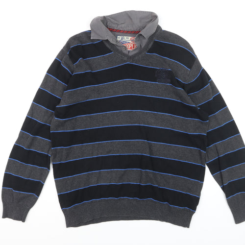 Lee Cooper Men's Grey Striped Cotton V-Neck Jumper Size L