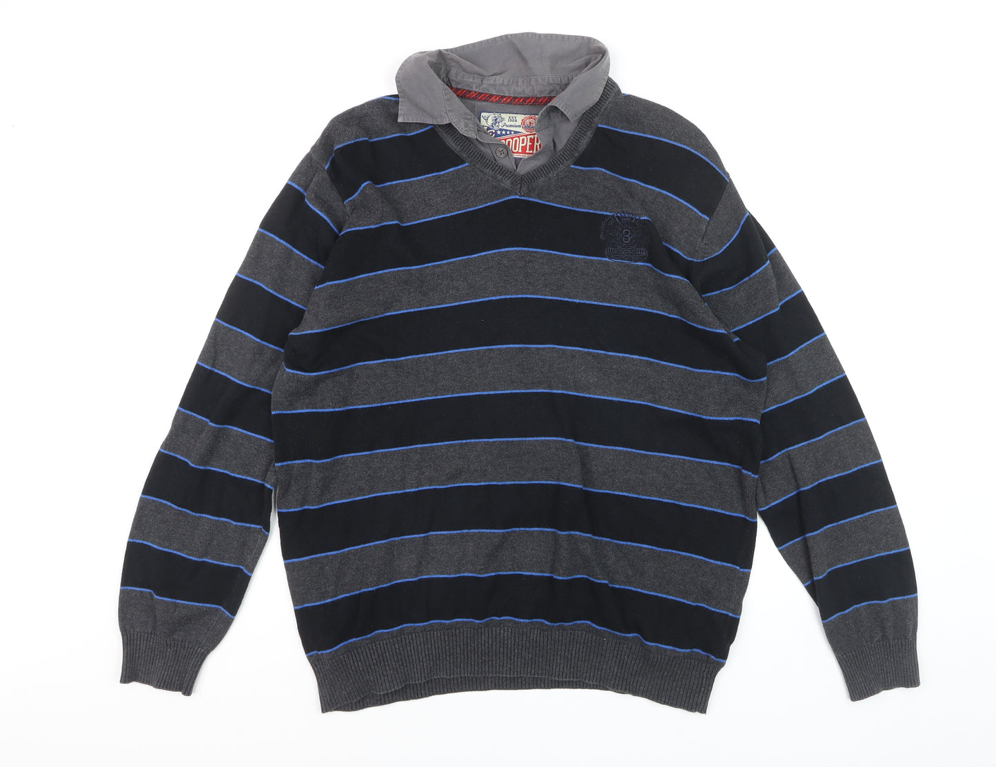 Lee Cooper Men's Grey Striped Cotton V-Neck Jumper Size L