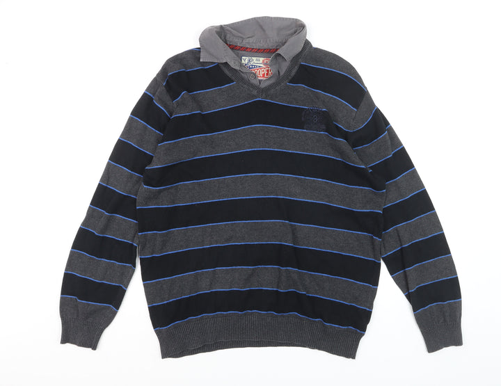 Lee Cooper Men's Grey Striped Cotton V-Neck Jumper Size L