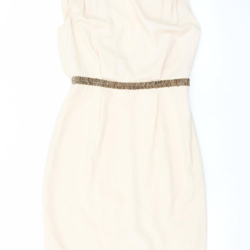 Warehouse Womens Beige Sheath Dress UK 10 Sleeveless Beaded Belt Classic Style