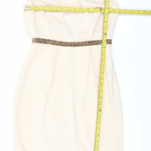 Warehouse Womens Beige Sheath Dress UK 10 Sleeveless Beaded Belt Classic Style